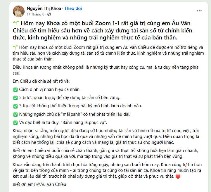 Phản hồi sau buổi coaching 1-1 về tài sản số